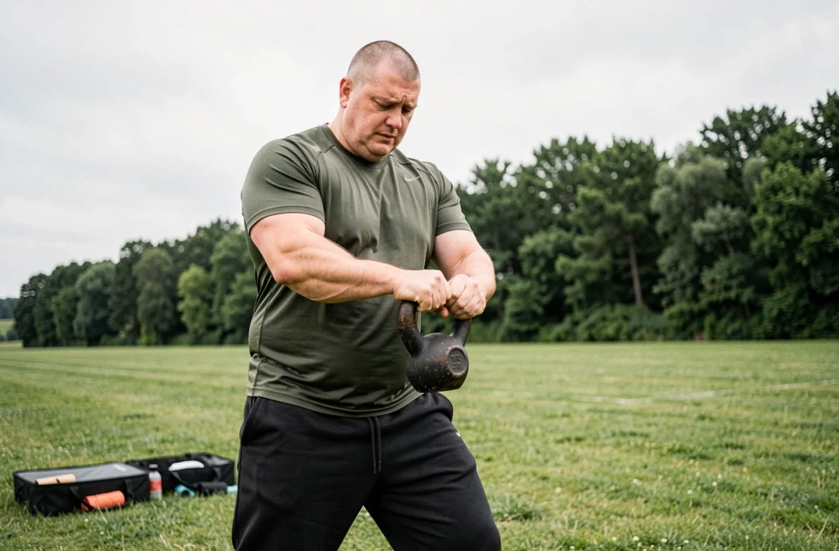 Joffrey coach sportif faisant une démonstration de kettlebell à un client lors d'une séance en plein air à Valence