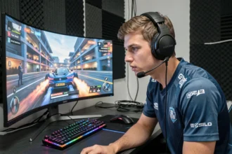 Joueur esports concentré devant un écran de jeu affichant un rang Rocket League dans une salle de gaming professionnelle