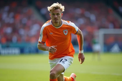 Joueur de football en course en extérieur avec jersey orange