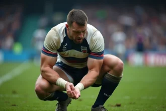 Joueur de rugby examinant son poignet blessé sur le terrain, illustrant les risques physiques des sports de contact