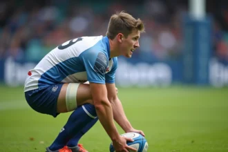 Joueur de rugby U20 tenant un ballon ovale sur le terrain avant un match de coupe du monde