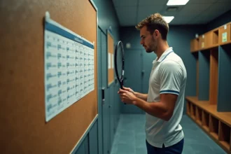 Joueur de tennis professionnel étudiant le calendrier des tournois 2026 dans un vestiaire d'équipement sportif