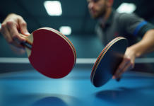 Joueur de tennis de table comparant deux raquettes haut de gamme
