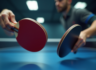 Comment élire la raquette de ping-pong idéale pour les professionnels ? Joueur de tennis de table comparant deux raquettes haut de gamme