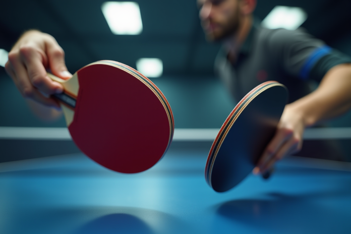 Joueur de tennis de table comparant deux raquettes haut de gamme
