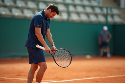 Homme d'âge moyen inspectant sa raquette sur court en terre battue