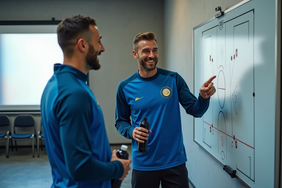 Deux joueurs de l'Inter Milan discutant de tactiques dans la salle d'entraînement du club