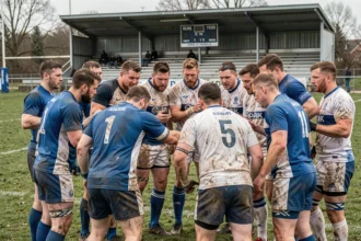 Joueurs de rugby amateur en Fédérale 1 Poule 3 regroupés sur le terrain après un match décisif