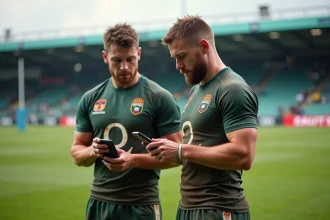 Deux joueurs de rugby masculins en pleine pause sur le terrain
