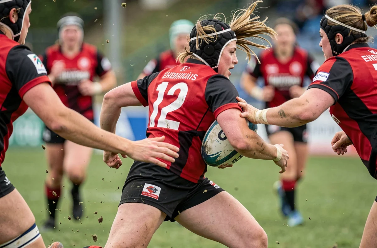 Joueuse de rugby féminin portant le ballon lors d'un match de championnat de division française
