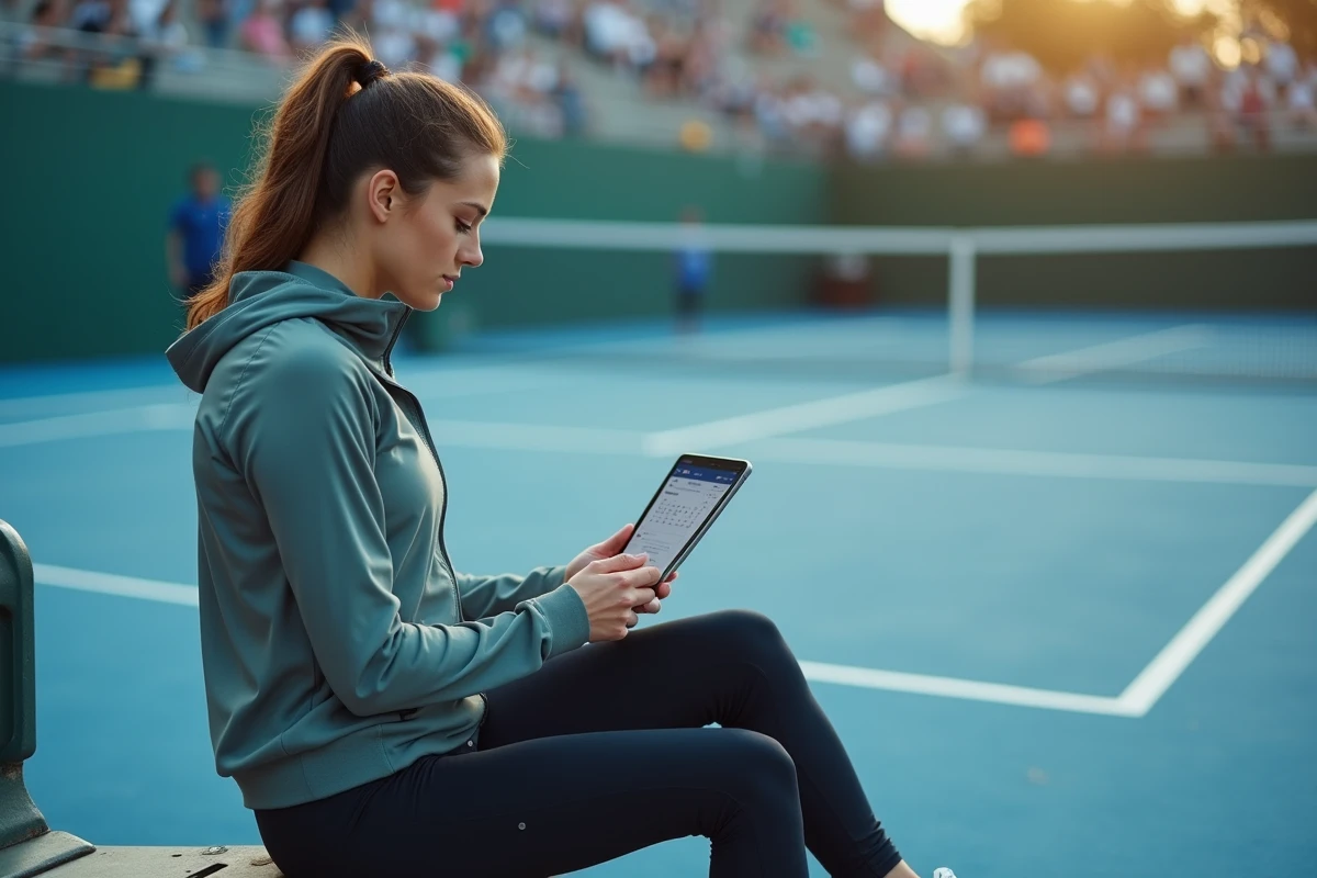 Joueuse de tennis consultant le calendrier des prochaines compétitions 2026 sur une tablette en bord de court