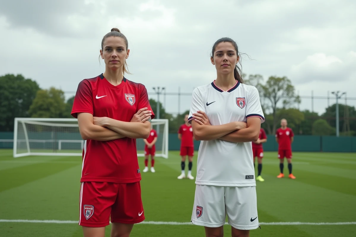 Deux joueuses de football féminin en tenue de club sur un terrain d'entraînement professionnel lors du mercato