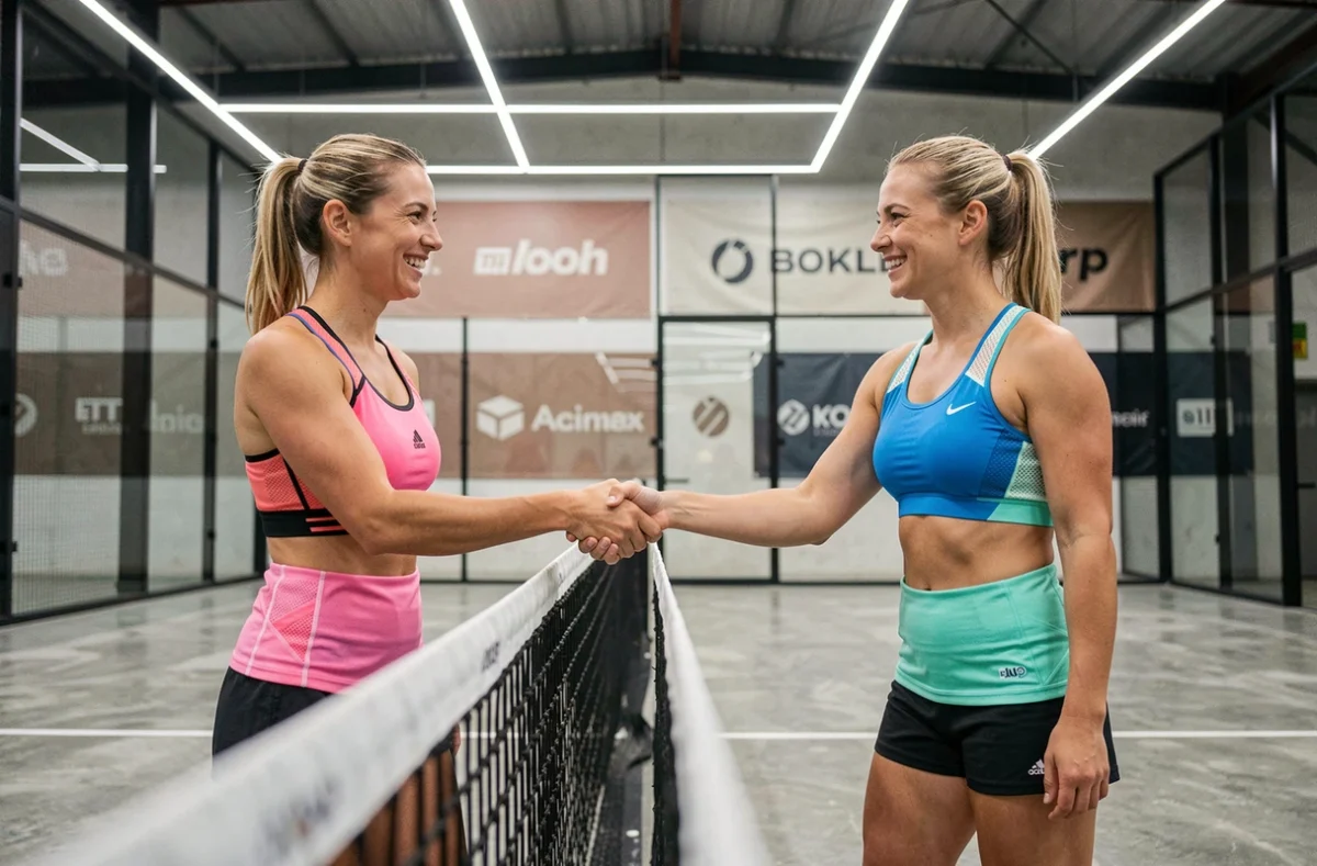 Deux joueuses de padel se serrant la main au filet après un match de tournoi P100 en salle