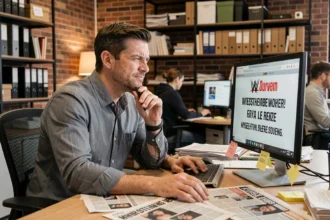 Journaliste sportif analysant des rumeurs WWE sur son ordinateur dans une salle de rédaction