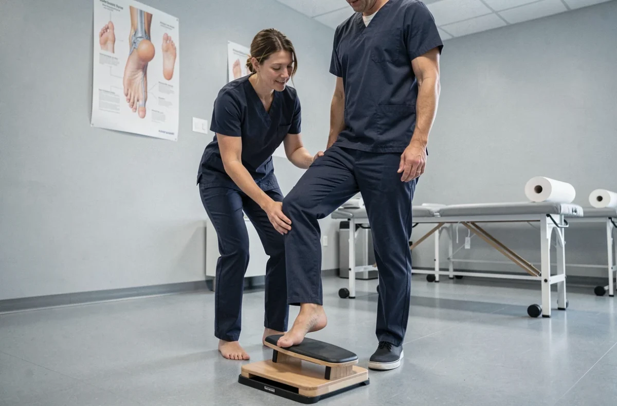Kinésithérapeute guidant un patient dans un exercice de renforcement du pied sur plateau d'équilibre pour corriger la pronation, en cabinet de rééducation