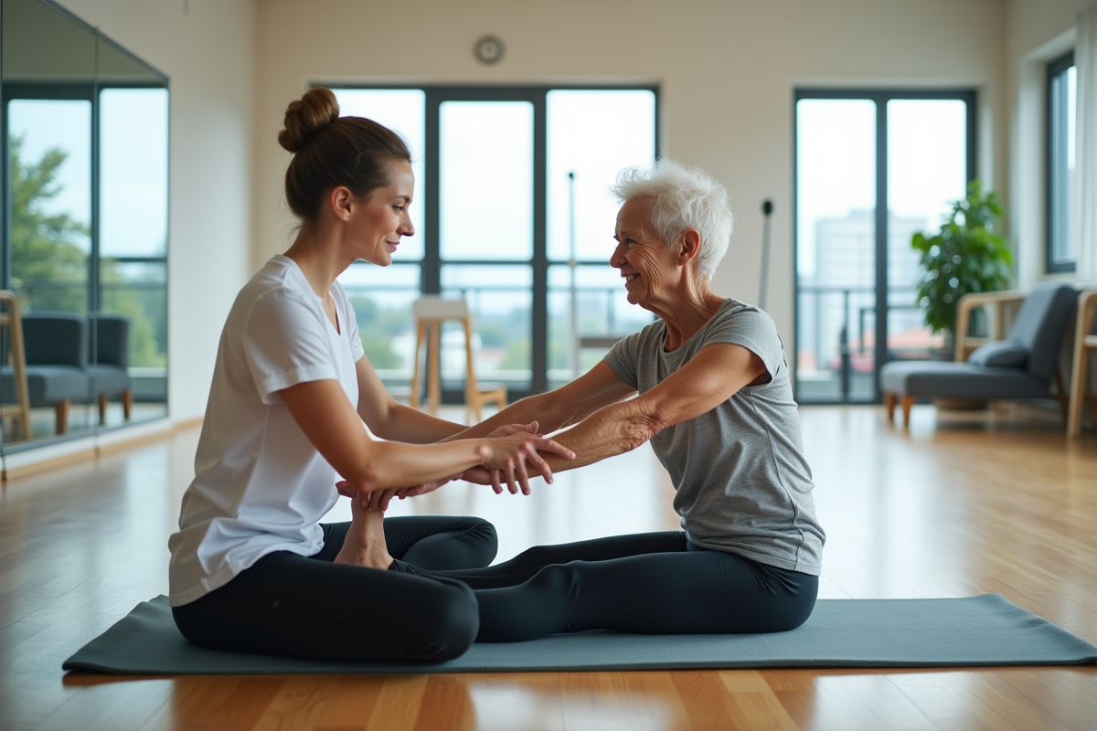 Femme physiothérapeute aidant une personne âgée à s