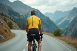 Cycliste aux traits déterminés en maillot jaune sur une route de montagne alpine, évoquant la figure controversée de Lance Armstrong en 2026