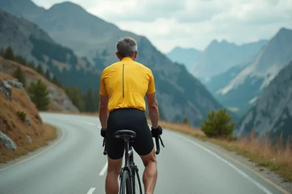 Cycliste aux traits déterminés en maillot jaune sur une route de montagne alpine, évoquant la figure controversée de Lance Armstrong en 2026
