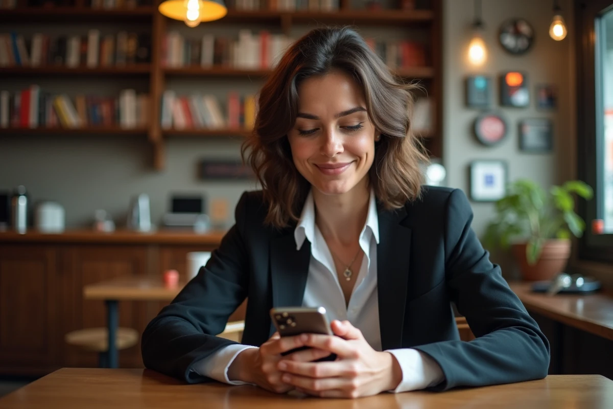 Portrait de Laurene Godey dans un cafe avec livres et memorabilia