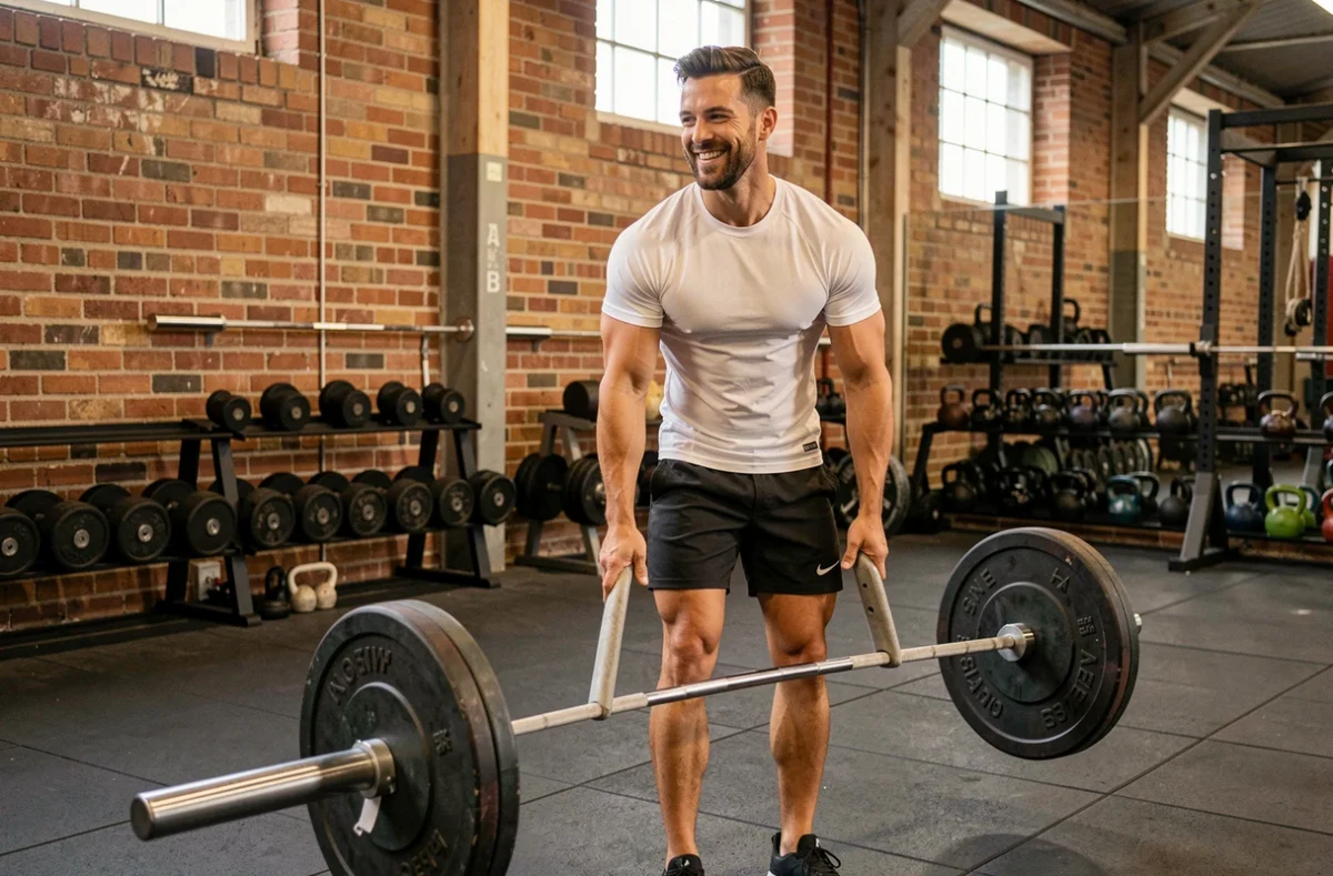 Lucas Hougnon coach sportif accompagnant un client dans un exercice de soulevé de terre dans une salle de musculation