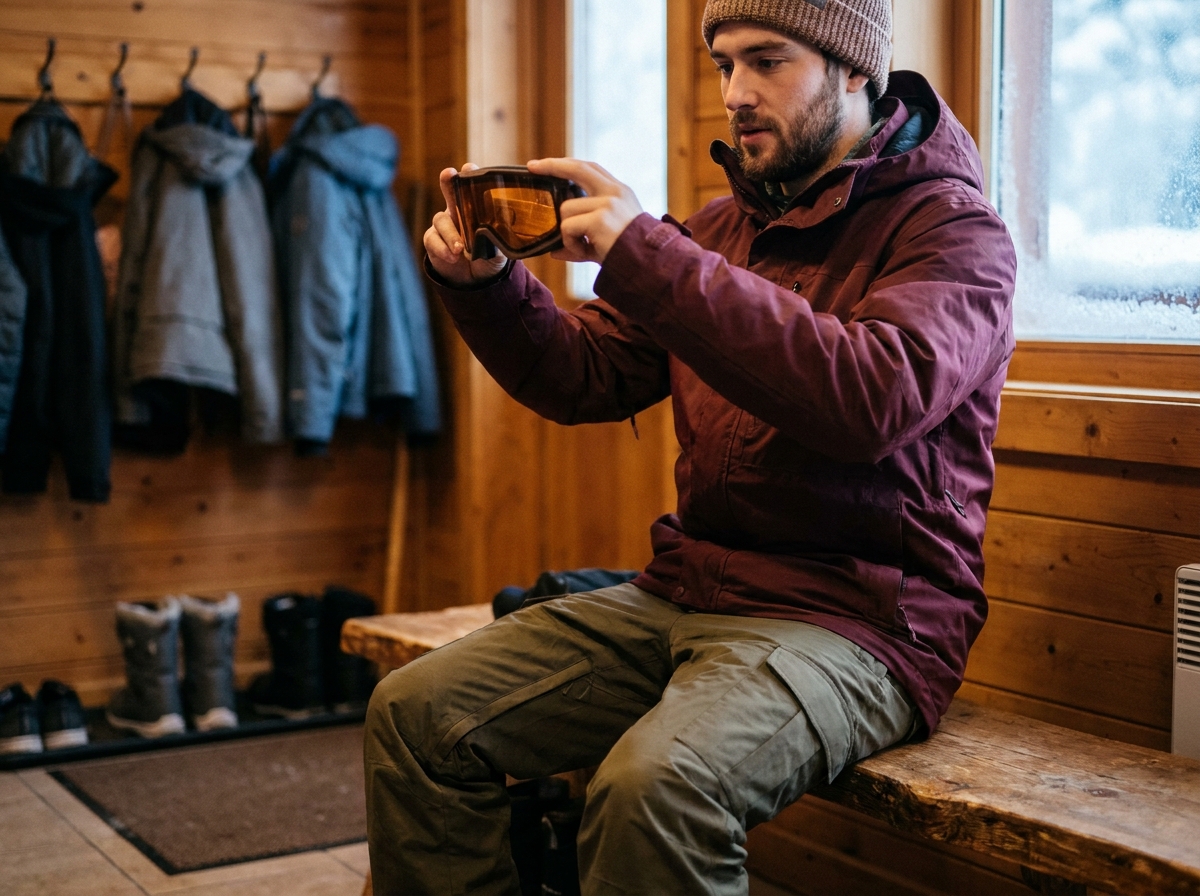 Jeune snowboarder examinant ses lunettes correctrices de snowboard à l'intérieur d'un chalet de ski alpin