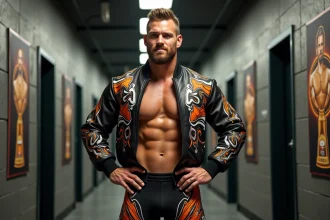 Lutteur confiant en backstage WWE avec veste custom