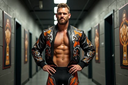 Lutteur confiant en backstage WWE avec veste custom
