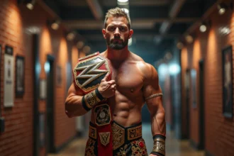 Lutteueur confiant avec ceinture de champion en costume WWE
