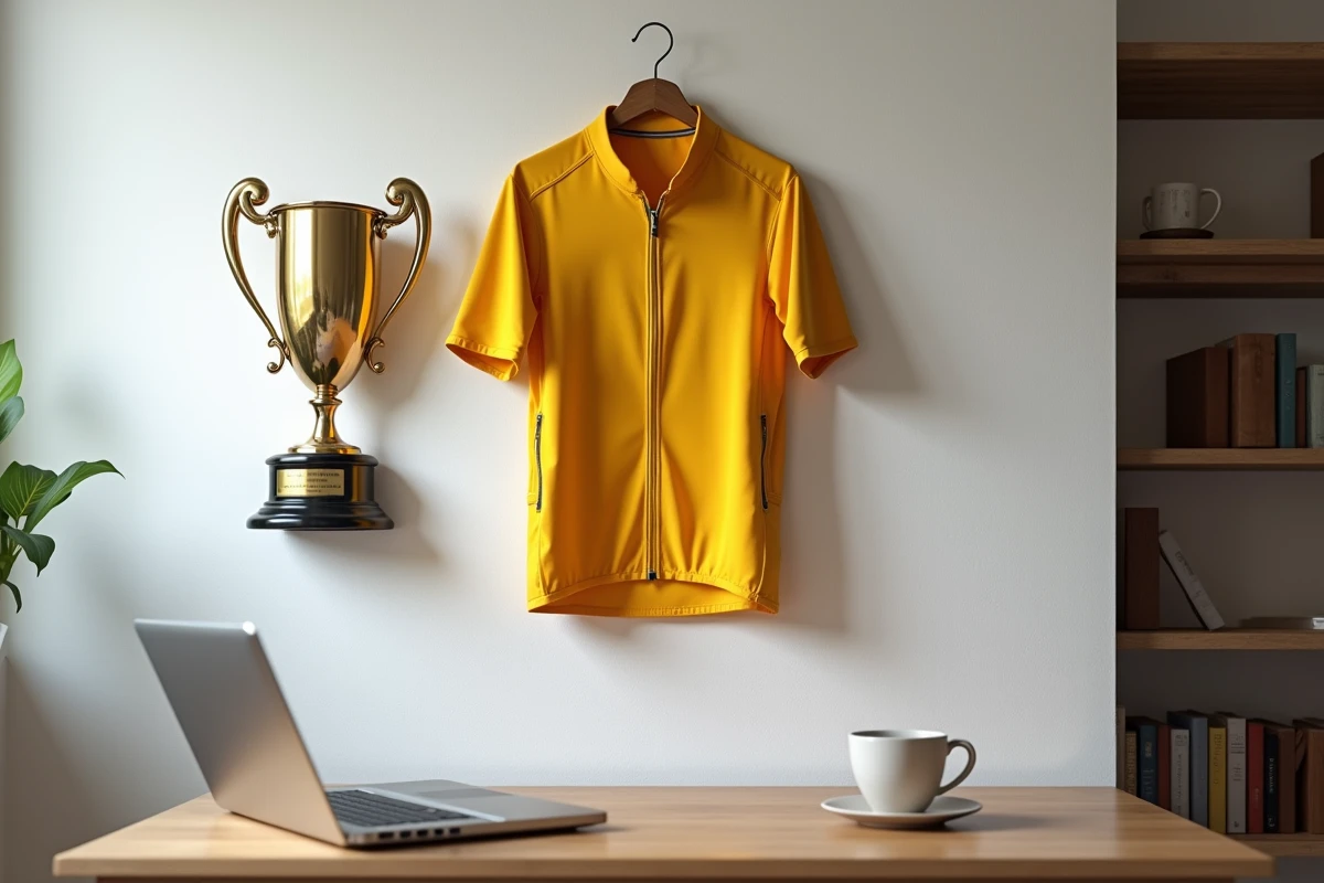 Maillot jaune de cyclisme et trophée accrochés au mur d'un bureau, symboles d'une gloire passée confrontée à la réalité d'une rédemption incertaine