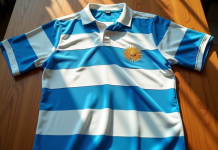Maillot de rugby vintage argentin des années 80 sur une table en bois