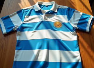 Maillot de rugby vintage argentin des années 80 sur une table en bois