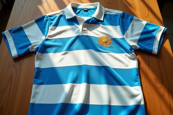 Maillot de rugby vintage argentin des années 80 sur une table en bois