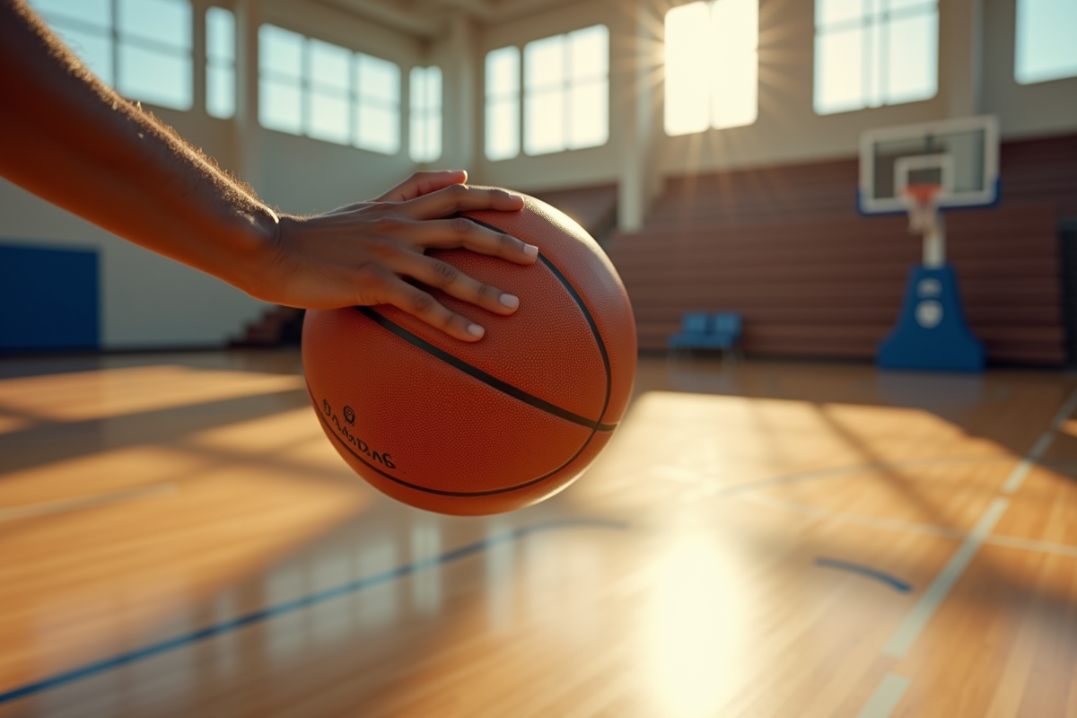 Main atteignant un ballon de basketball en intérieur