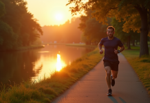 Homme sportif marchant le long d'une rivière au matin avec montre connectée