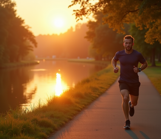 Homme sportif marchant le long d'une rivière au matin avec montre connectée