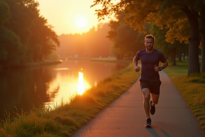 Homme sportif marchant le long d'une rivière au matin avec montre connectée