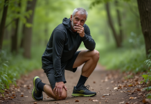 Homme marcheur en forêt se reposant sur un sentier