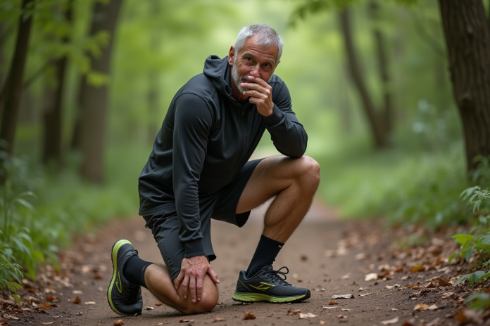 Homme marcheur en forêt se reposant sur un sentier