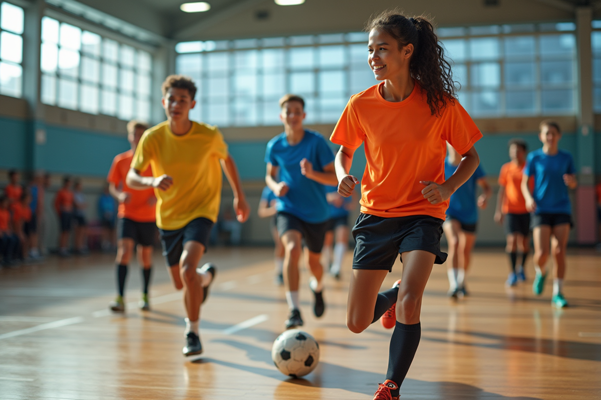 Groupe de jeunes jouant au futsal en salle moderne