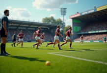 Match de rugby en cours vue du bord de terrain avec joueurs et spectateurs