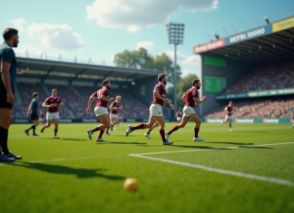 Match de rugby en cours vue du bord de terrain avec joueurs et spectateurs