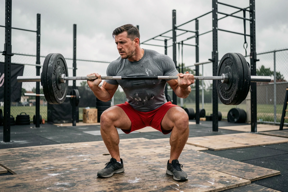 Homme effectuant un squat avec une mauvaise posture lombaire lors d'un entraînement CrossFit Open 2026 en extérieur