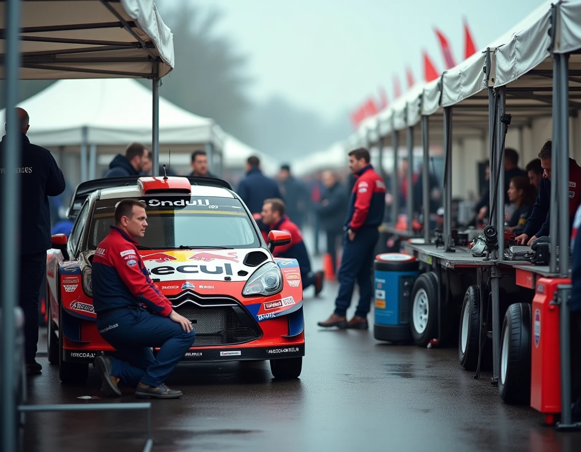 Mécaniciens au travail dans le parc service d'un rallye WRC en France