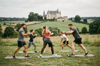 Groupe de coachs sportifs et clients s'entraînant en plein air dans un parc du Maine-et-Loire avec un paysage de la vallée de la Loire en arrière-plan