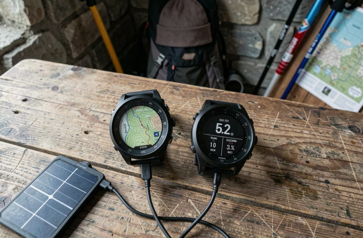 Deux montres GPS de randonnée en charge sur panneau solaire posées sur une table en bois dans un refuge de montagne