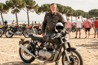 Motard en blouson cuir posant à côté de sa moto custom lors du Show Bike de Montalivet