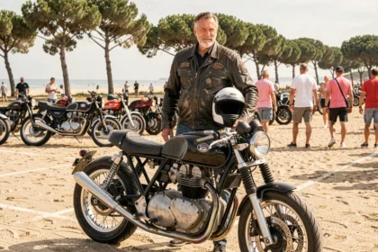 Motard en blouson cuir posant à côté de sa moto custom lors du Show Bike de Montalivet