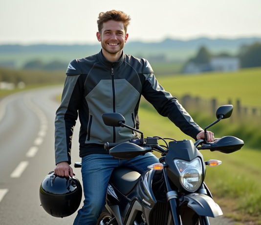 Les avantages d’une moto-cross 125cc homologuée pour la route Jeune motard souriant avec moto 125cc en campagne