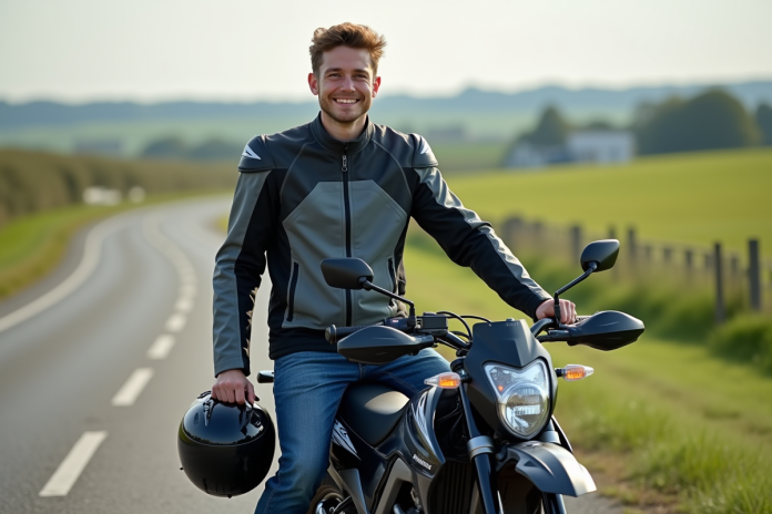 motocycliste-rural-125cc Jeune motard souriant avec moto 125cc en campagne