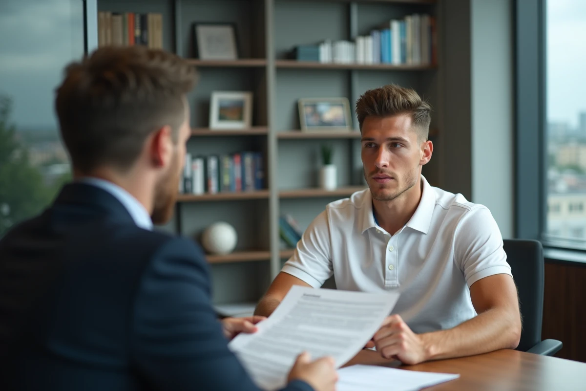 Jeune sportif professionnel en négociation de contrat avec un agent sportif dans un bureau moderne